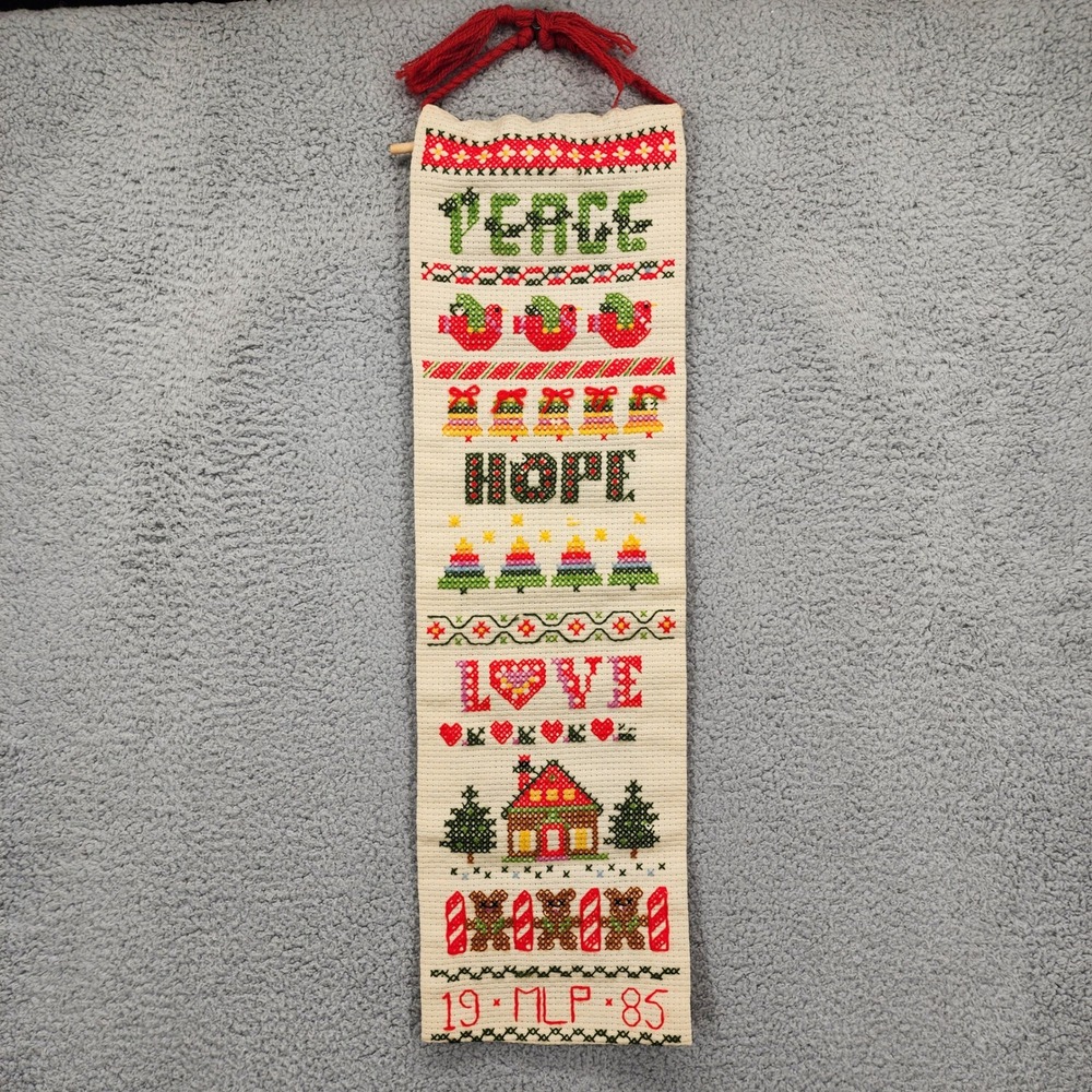 Vintage 1985 Handmade Cross Stitch Christmas Wall Hanging Peace Hope Love 25in